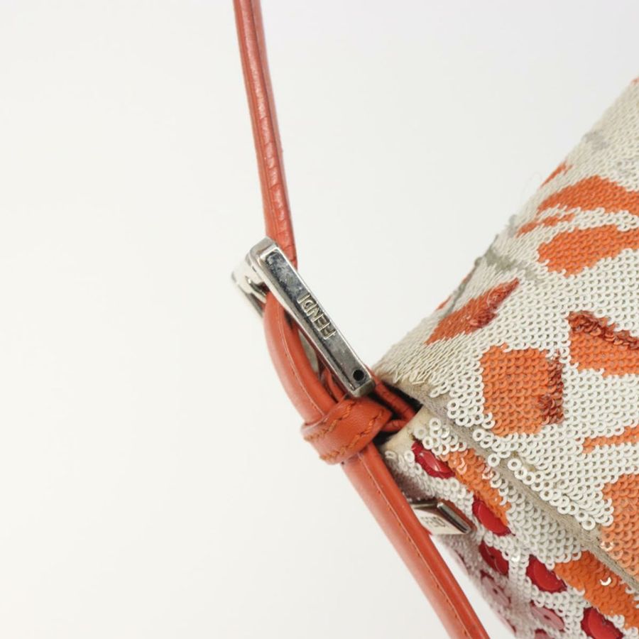 【日本直送】FENDI Mamma Baguette 肩背包 帆布亮片 橘色 銀色 正品 187605SM-18