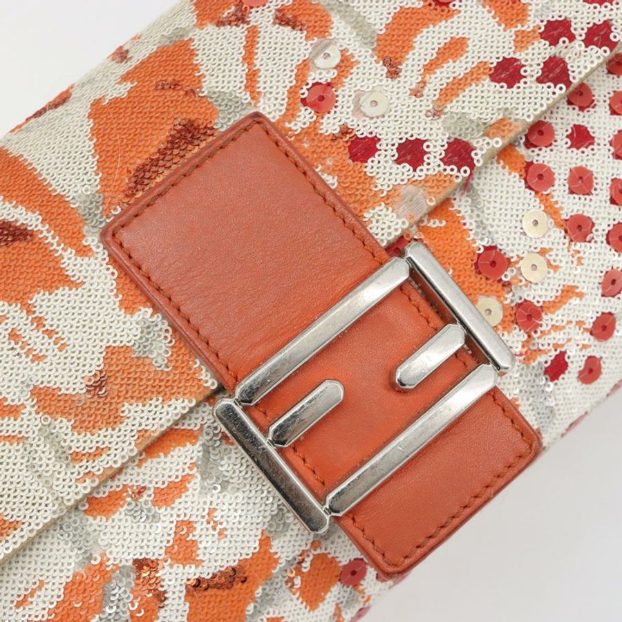 【日本直送】FENDI Mamma Baguette 肩背包 帆布亮片 橘色 銀色 正品 187605SM-19