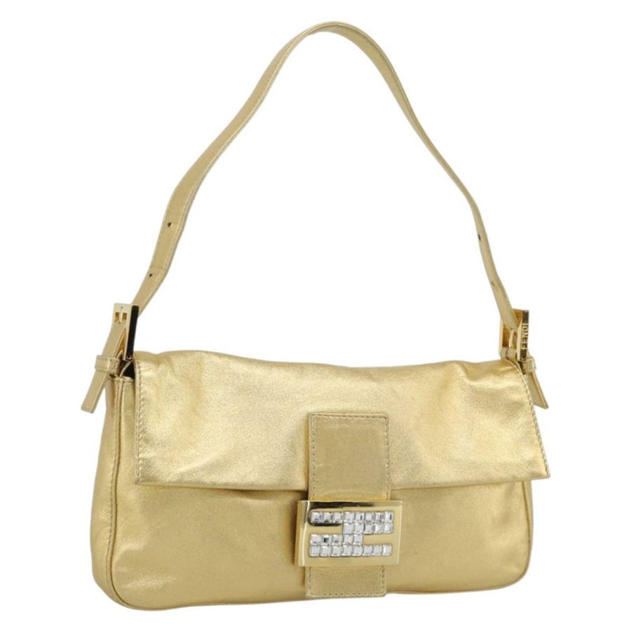 【日本直送】FENDI 鑲鑽 Mamma Baguette 單肩包 皮革 金色 Auth yk20666SAM-0