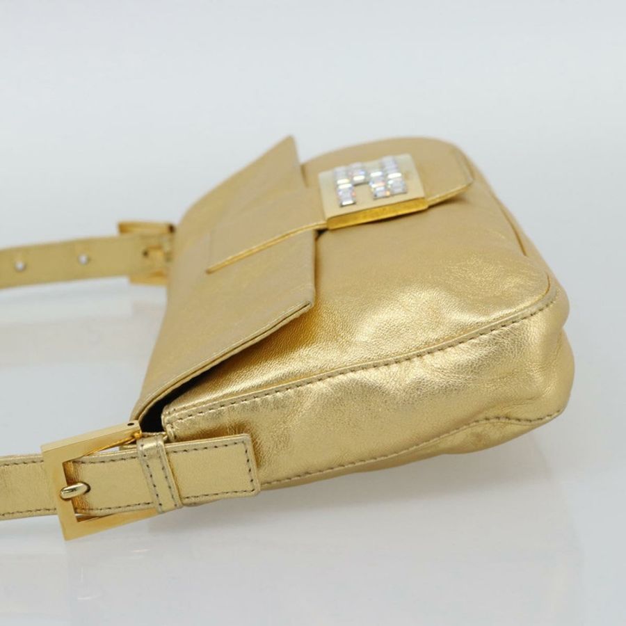 【日本直送】FENDI 鑲鑽 Mamma Baguette 單肩包 皮革 金色 Auth yk20666SAM-2