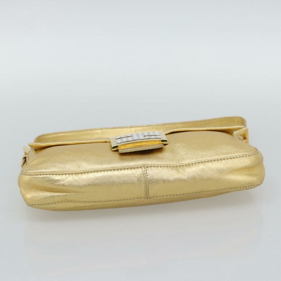 【日本直送】FENDI 鑲鑽 Mamma Baguette 單肩包 皮革 金色 Auth yk20666SAM-4