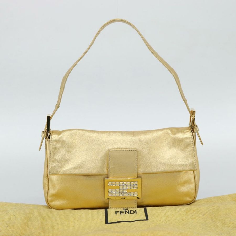 【日本直送】FENDI 鑲鑽 Mamma Baguette 單肩包 皮革 金色 Auth yk20666SAM-11
