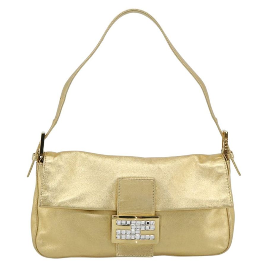 【日本直送】FENDI 鑲鑽 Mamma Baguette 單肩包 皮革 金色 Auth yk20666SAM-12