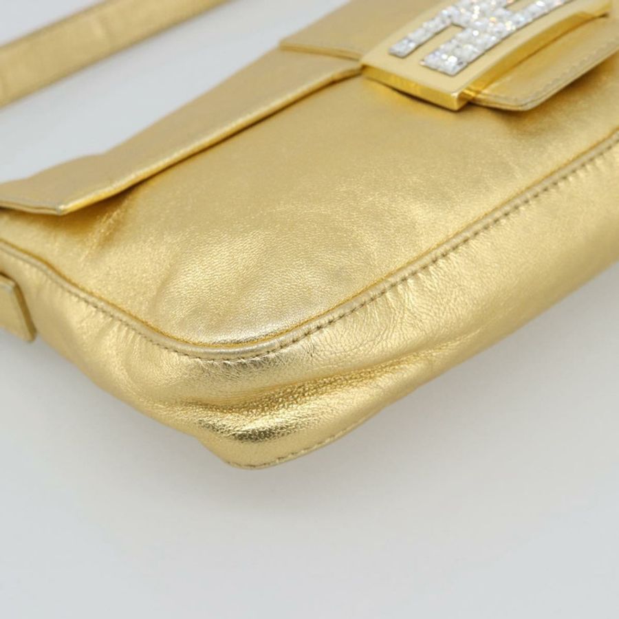 【日本直送】FENDI 鑲鑽 Mamma Baguette 單肩包 皮革 金色 Auth yk20666SAM-14