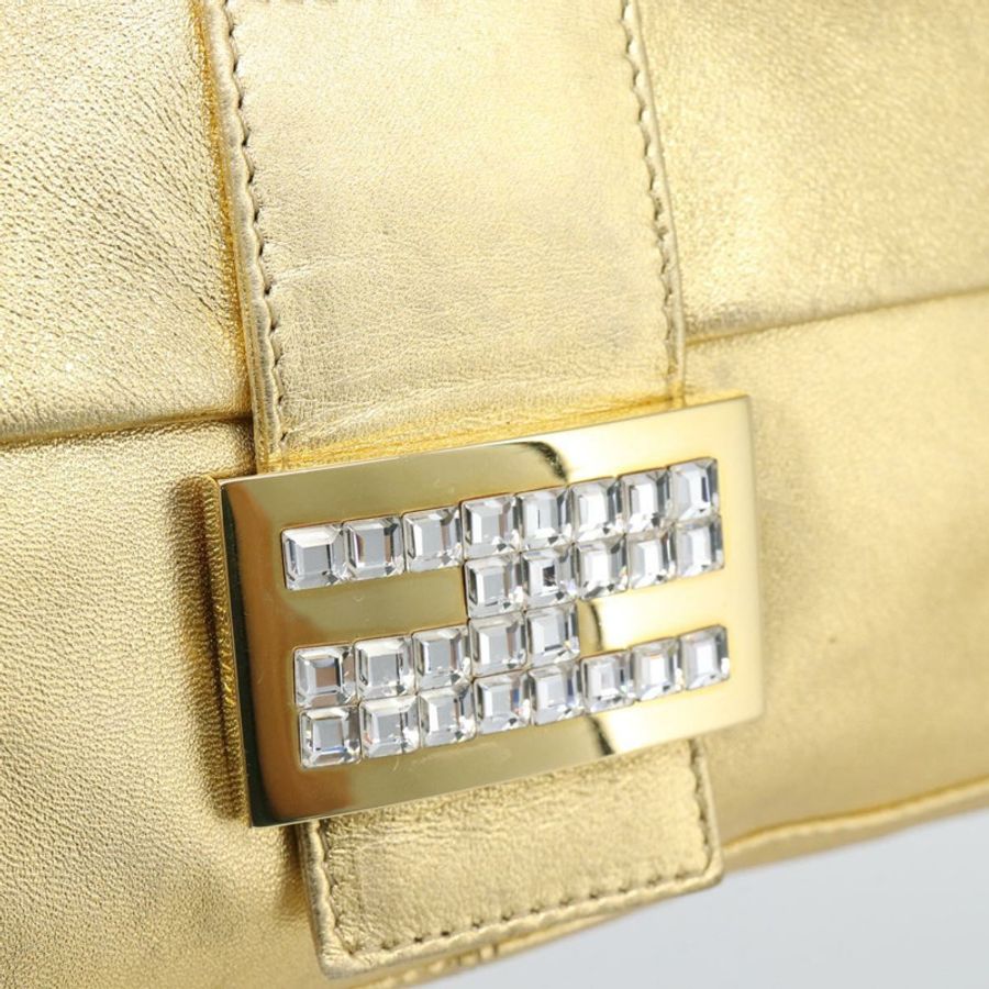 【日本直送】FENDI 鑲鑽 Mamma Baguette 單肩包 皮革 金色 Auth yk20666SAM-18