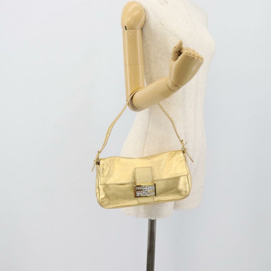 【日本直送】FENDI 鑲鑽 Mamma Baguette 單肩包 皮革 金色 Auth yk20666SAM-24