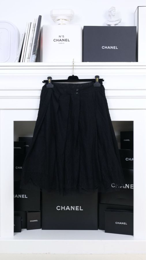 Chanel 00年黑色网面镂空毛毛滚边半裙-0