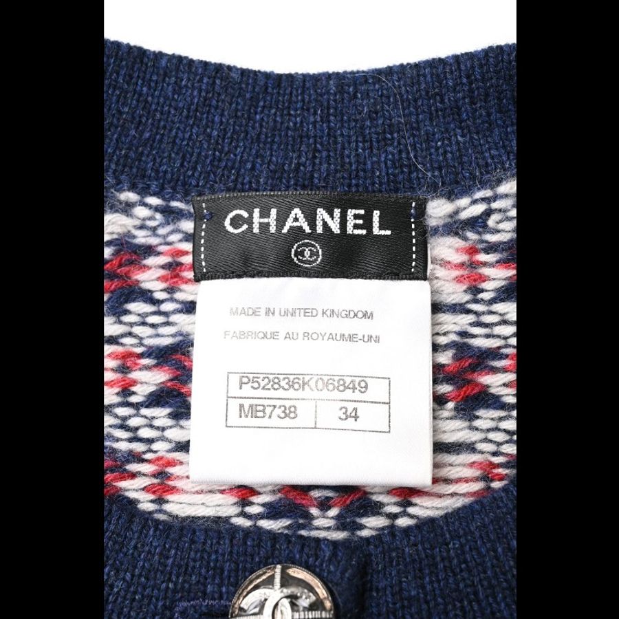 Chanel 16年彩色图案蓝色滚边山羊绒圆领针织开衫外套-7