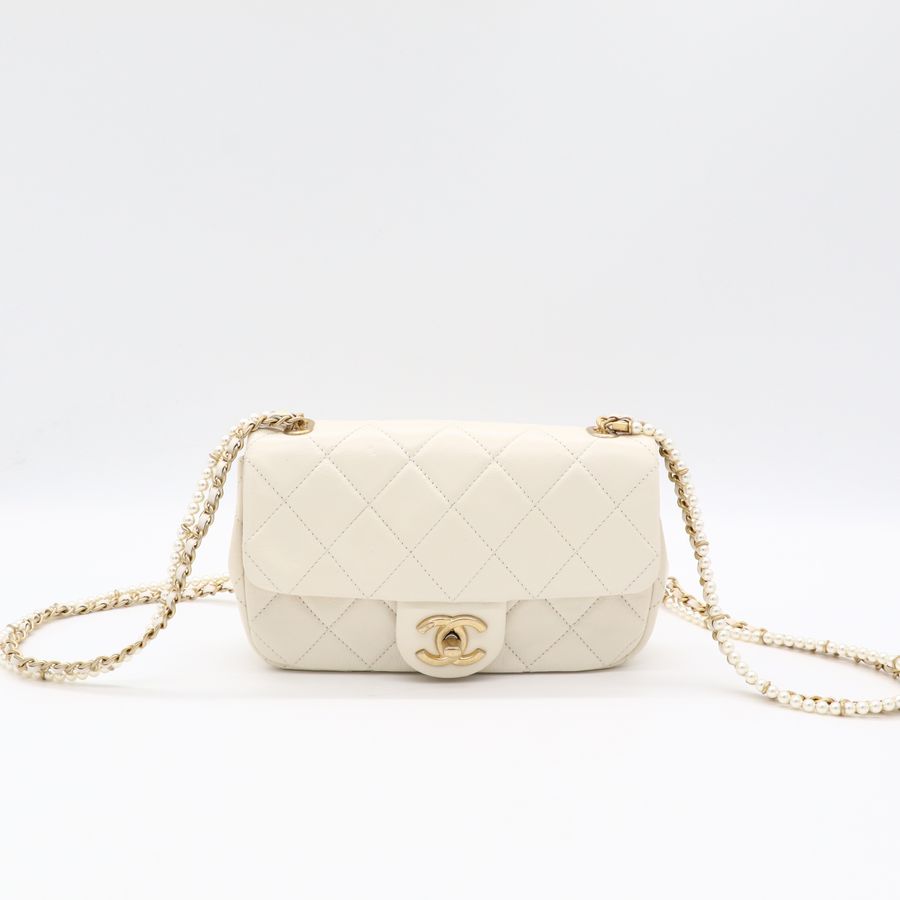 Chanel 香奈兒CF 20 cm 米白 羊皮 復古金釦 小珍珠背帶 細鏈條 斜挎包 單肩包-1