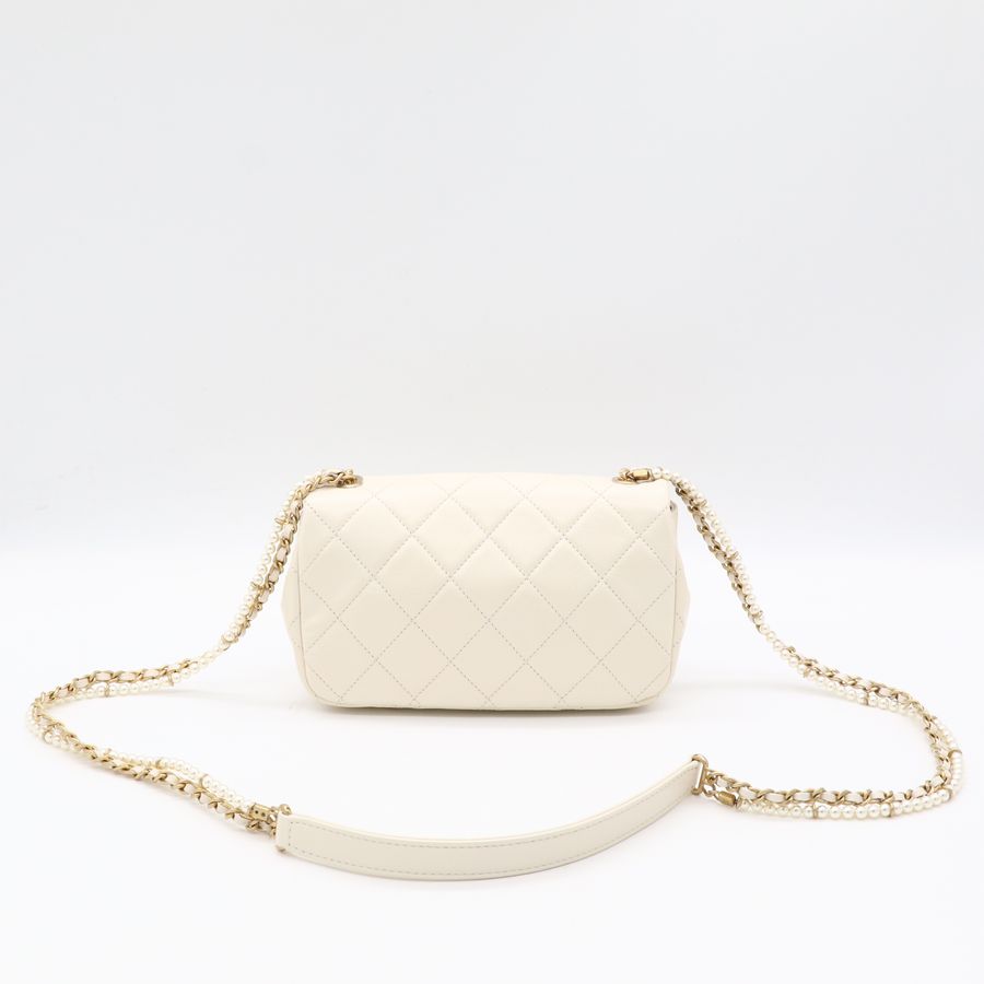 Chanel 香奈兒CF 20 cm 米白 羊皮 復古金釦 小珍珠背帶 細鏈條 斜挎包 單肩包-3