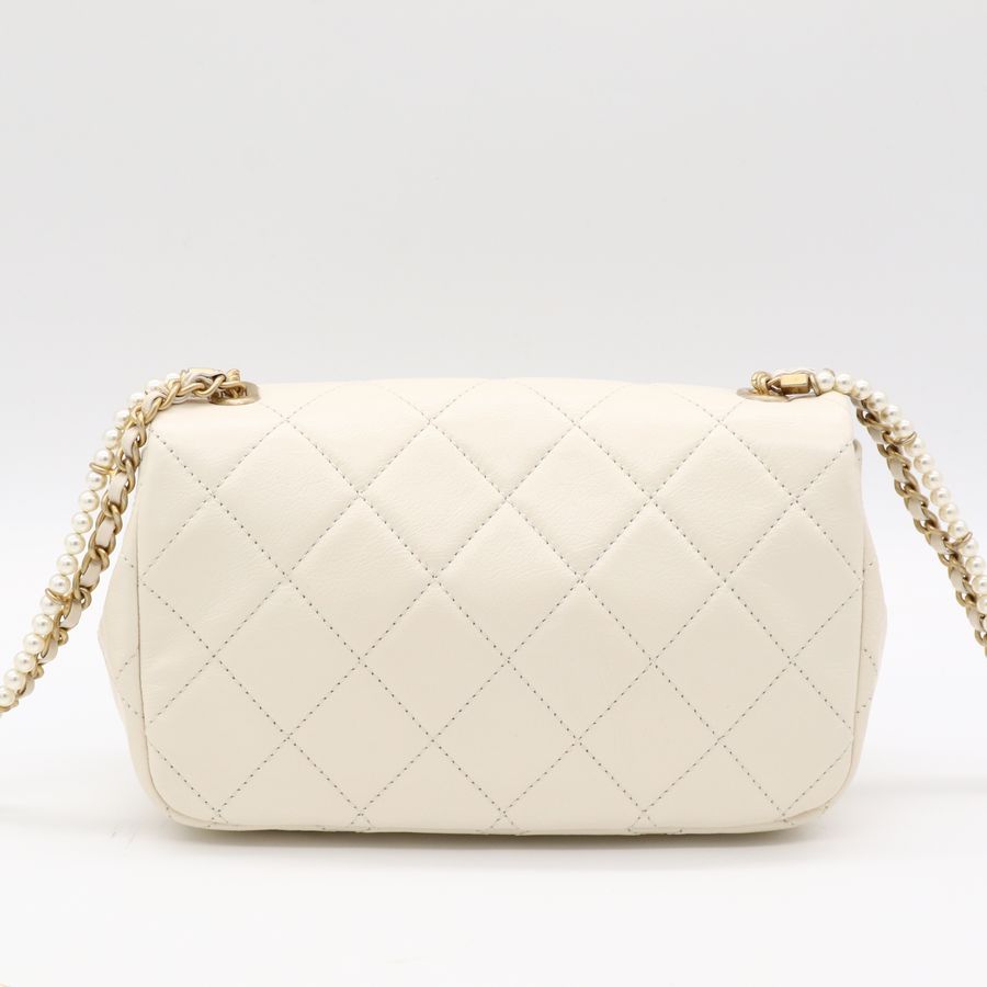 Chanel 香奈兒CF 20 cm 米白 羊皮 復古金釦 小珍珠背帶 細鏈條 斜挎包 單肩包-4