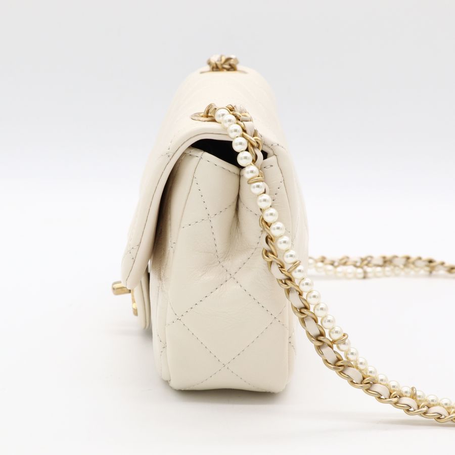 Chanel 香奈兒CF 20 cm 米白 羊皮 復古金釦 小珍珠背帶 細鏈條 斜挎包 單肩包-5