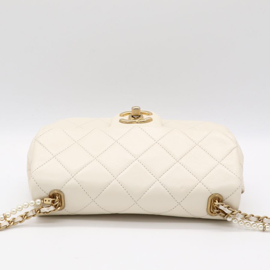 Chanel 香奈兒CF 20 cm 米白 羊皮 復古金釦 小珍珠背帶 細鏈條 斜挎包 單肩包-7