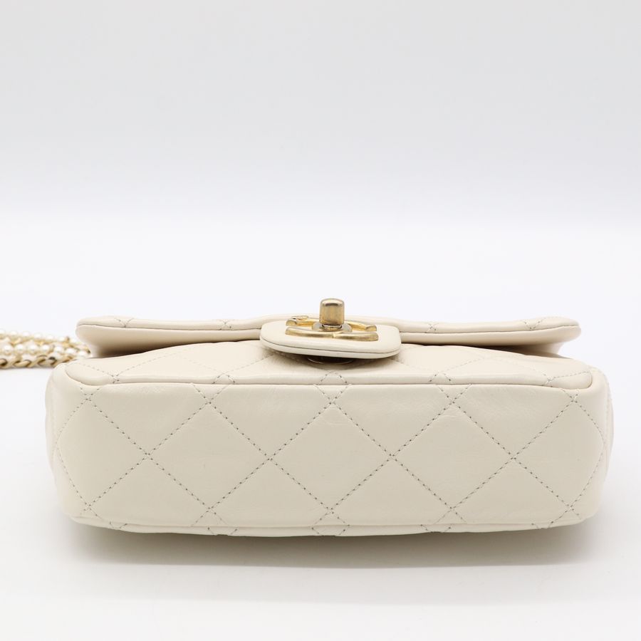 Chanel 香奈兒CF 20 cm 米白 羊皮 復古金釦 小珍珠背帶 細鏈條 斜挎包 單肩包-8