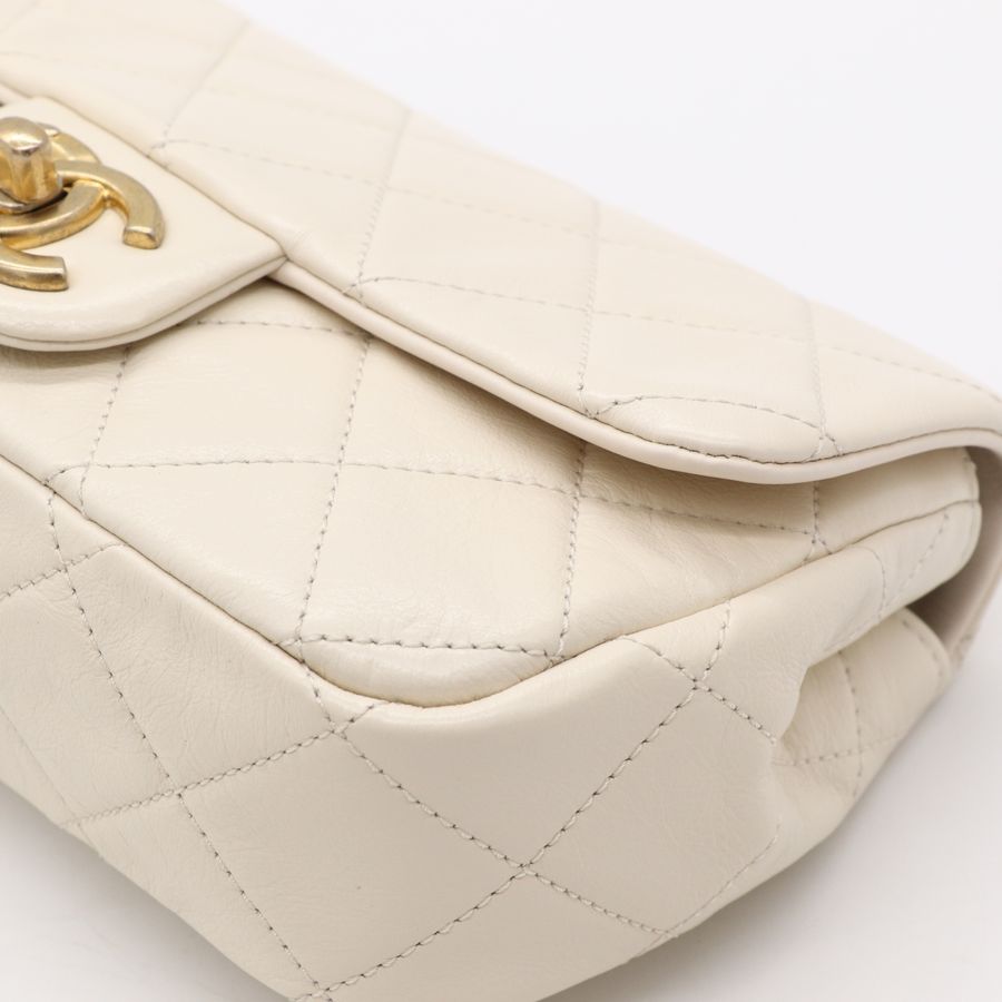 Chanel 香奈兒CF 20 cm 米白 羊皮 復古金釦 小珍珠背帶 細鏈條 斜挎包 單肩包-10