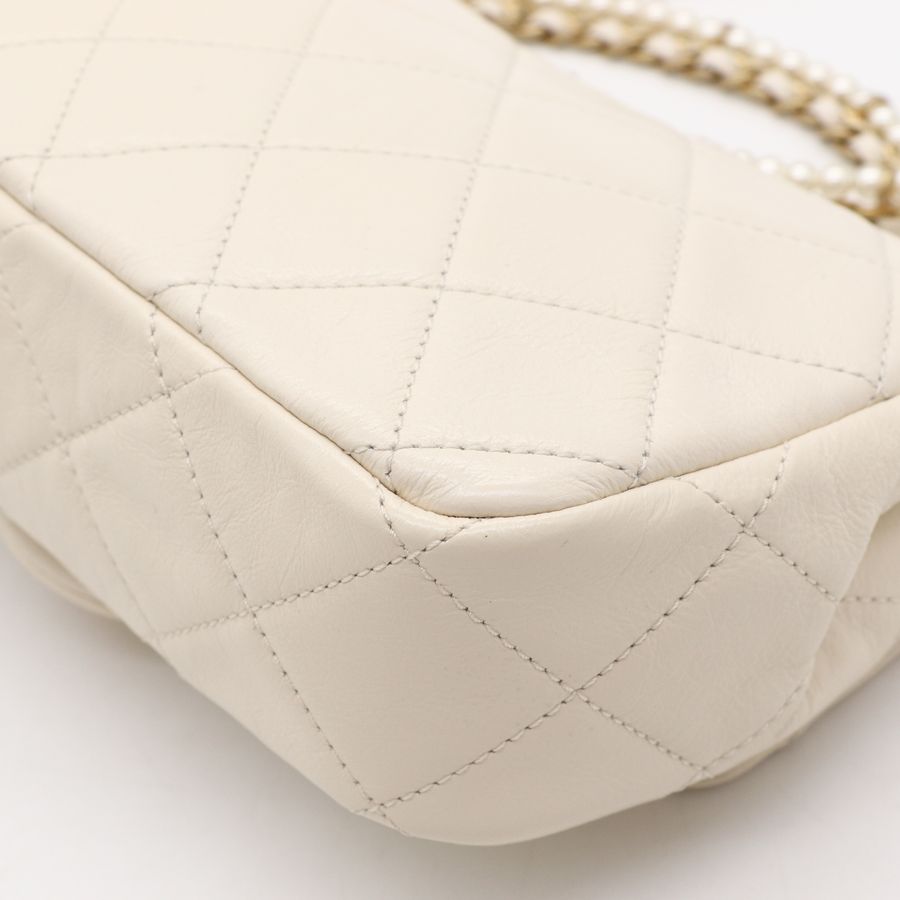 Chanel 香奈兒CF 20 cm 米白 羊皮 復古金釦 小珍珠背帶 細鏈條 斜挎包 單肩包-12