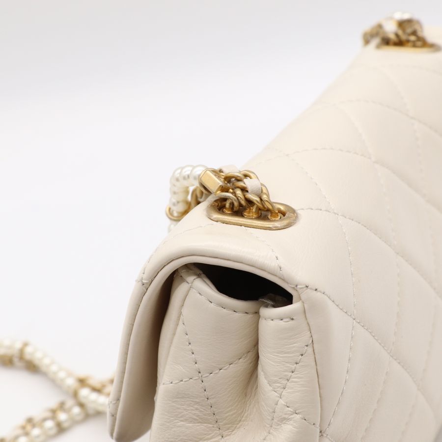 Chanel 香奈兒CF 20 cm 米白 羊皮 復古金釦 小珍珠背帶 細鏈條 斜挎包 單肩包-13