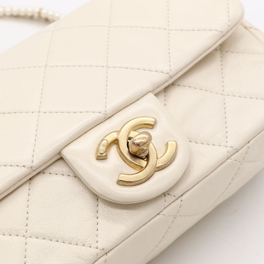 Chanel 香奈兒CF 20 cm 米白 羊皮 復古金釦 小珍珠背帶 細鏈條 斜挎包 單肩包-15