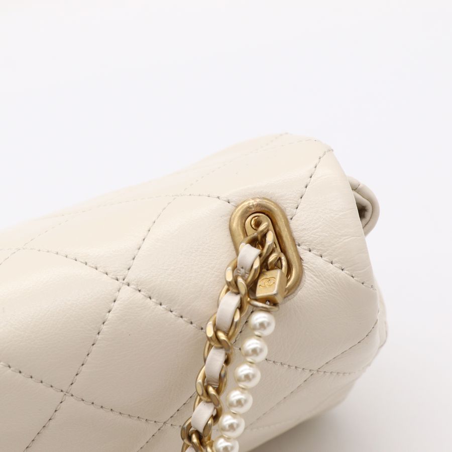 Chanel 香奈兒CF 20 cm 米白 羊皮 復古金釦 小珍珠背帶 細鏈條 斜挎包 單肩包-16