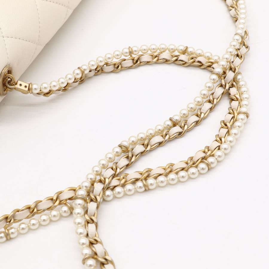 Chanel 香奈兒CF 20 cm 米白 羊皮 復古金釦 小珍珠背帶 細鏈條 斜挎包 單肩包-20