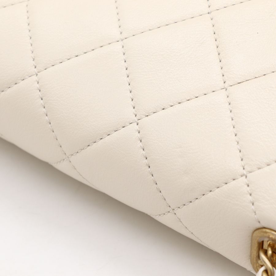 Chanel 香奈兒CF 20 cm 米白 羊皮 復古金釦 小珍珠背帶 細鏈條 斜挎包 單肩包-28