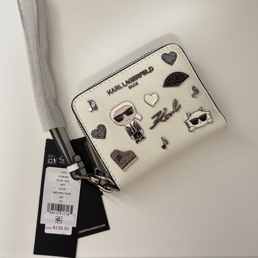 Karl Lagerfeld Paris 老佛爺貓咪立體徽章拉鍊短夾 白色 全新吊牌未拆-0