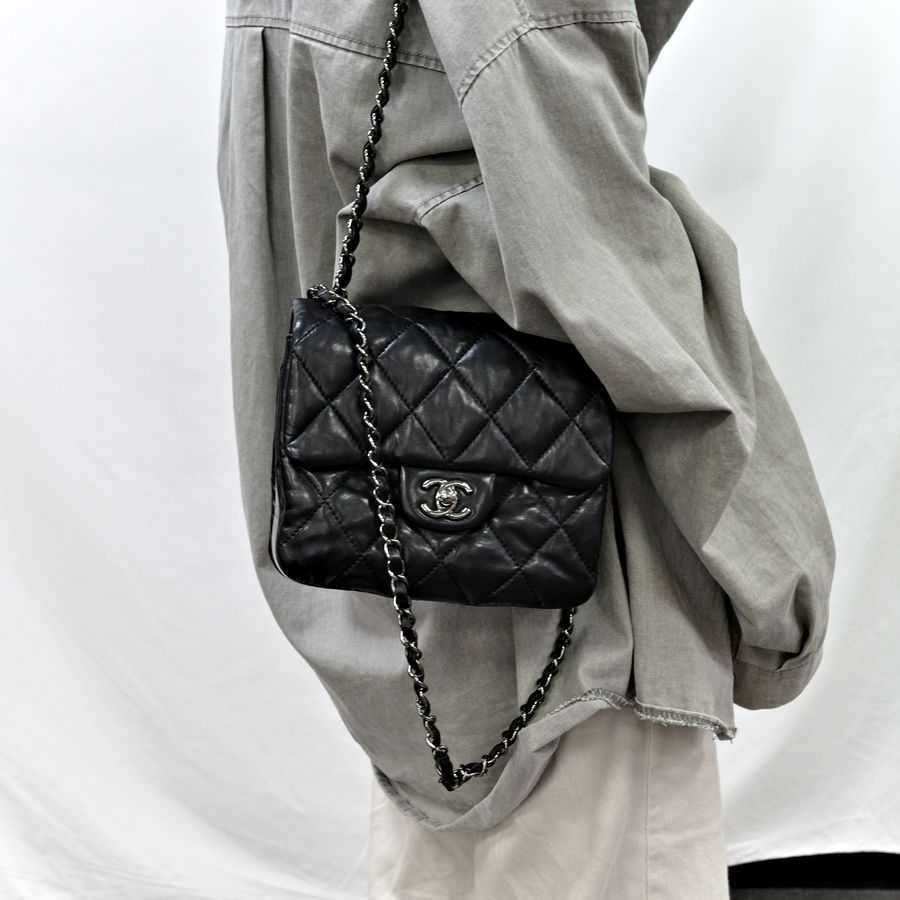 Chanel 香奈兒 方胖子 黑色 山羊皮 銀扣 菱格紋 肩背包 斜背包 兩用 鏈條包-3
