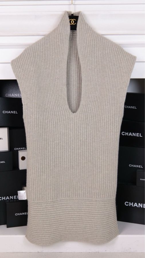 Chanel 08年灰色山羊绒V领无袖针织背心上衣外套-6