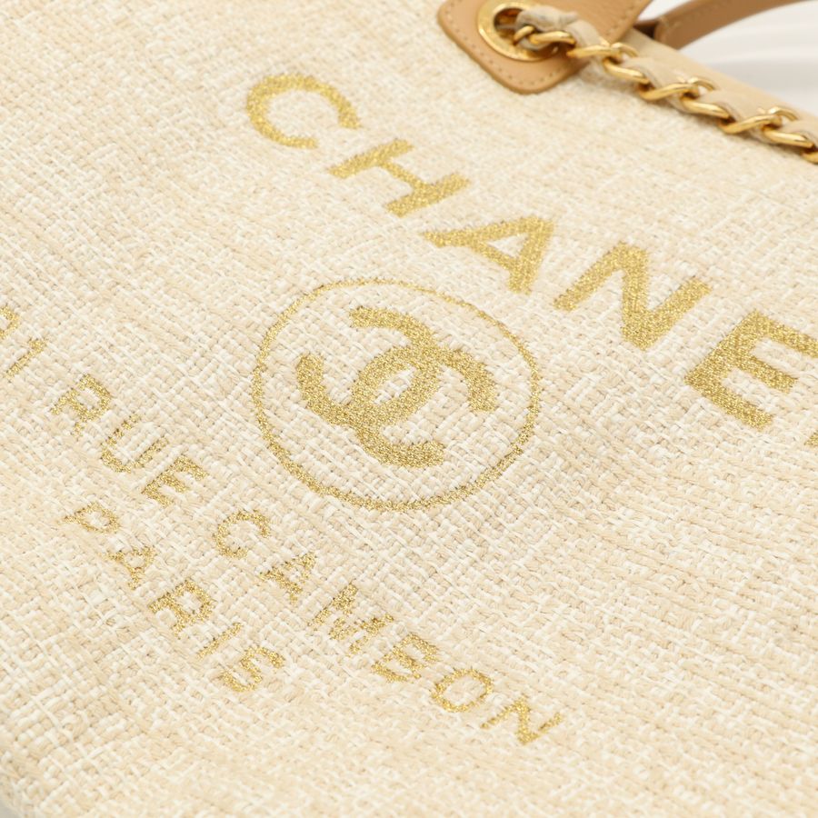 Chanel Deauville沙灘包 中號(缺子袋) 金鍊 米杏色織紋 托特包 購物包 手提包 肩背包 媽媽包 A66941-14