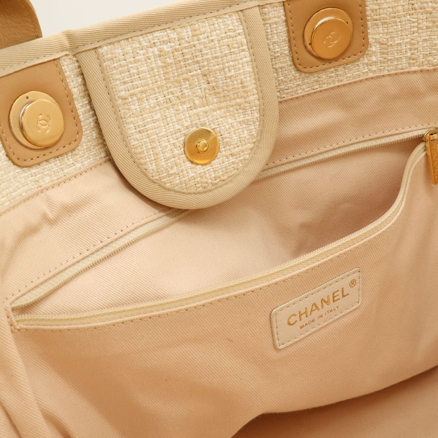 Chanel Deauville沙灘包 中號(缺子袋) 金鍊 米杏色織紋 托特包 購物包 手提包 肩背包 媽媽包 A66941-17