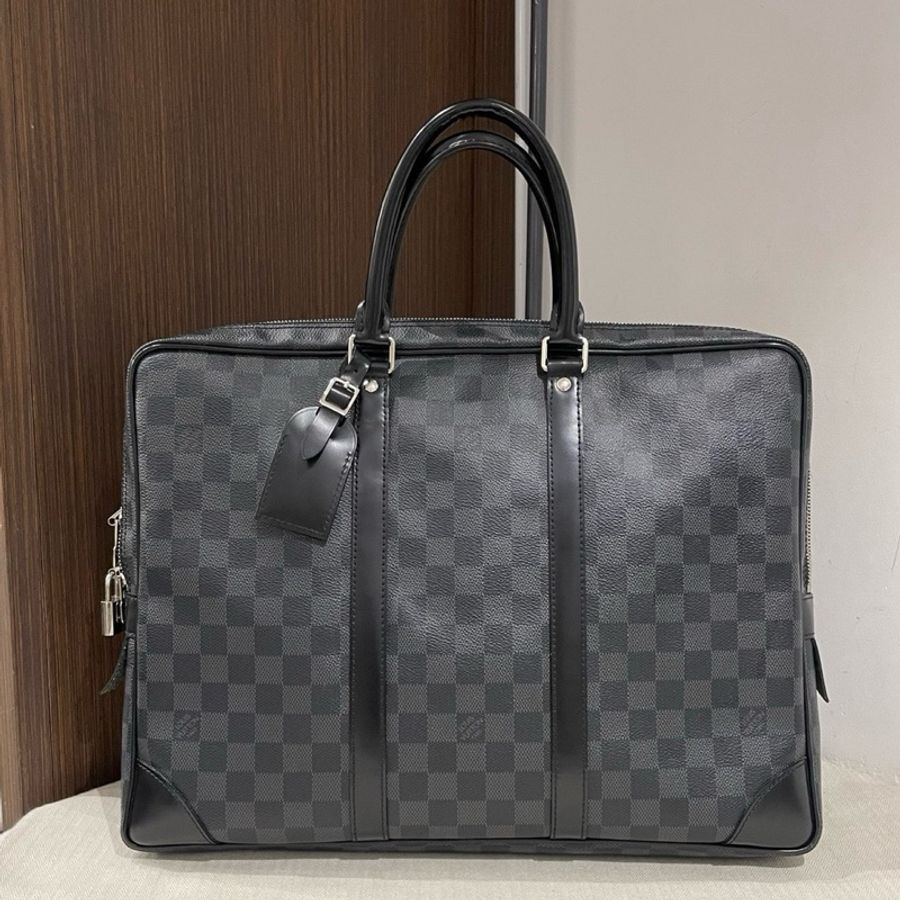 Louis Vuitton 路易威登 VOYAGE 通勤棋盤格 帆布拼牛皮革飾邊 手提公文包 男款 黑色,尺寸40/30/6-0