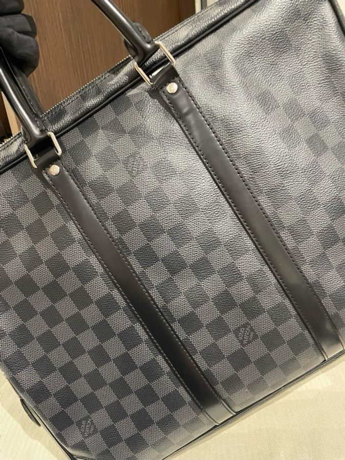 Louis Vuitton 路易威登 VOYAGE 通勤棋盤格 帆布拼牛皮革飾邊 手提公文包 男款 黑色,尺寸40/30/6-8
