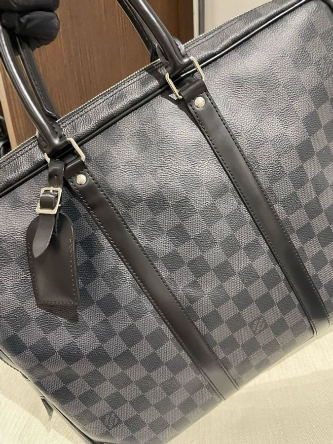 Louis Vuitton 路易威登 VOYAGE 通勤棋盤格 帆布拼牛皮革飾邊 手提公文包 男款 黑色,尺寸40/30/6-10