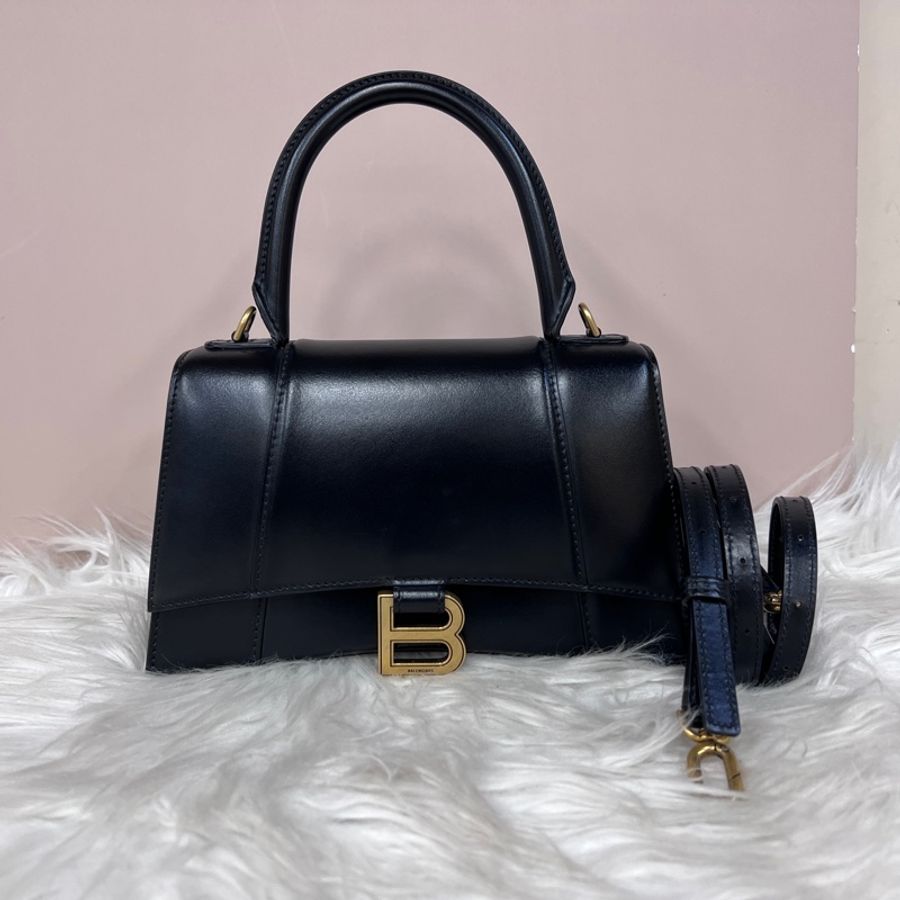 Balenciaga 黑滑面牛皮霧金釦小號手提肩斜背沙漏包-0