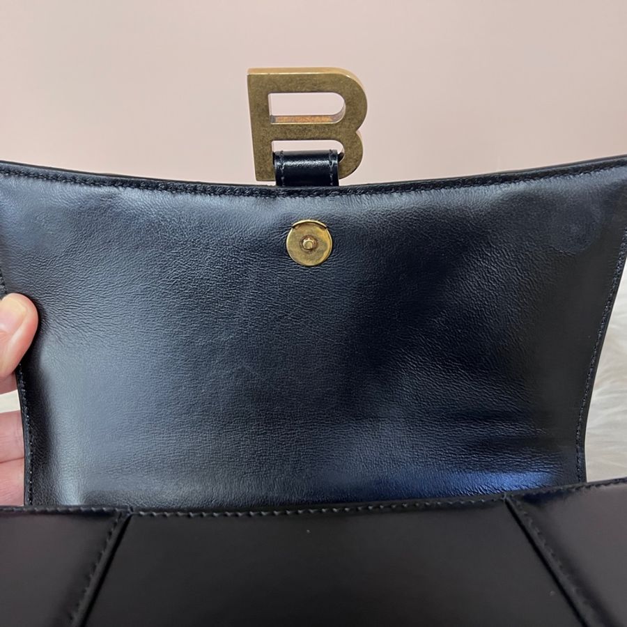 Balenciaga 黑滑面牛皮霧金釦小號手提肩斜背沙漏包-24