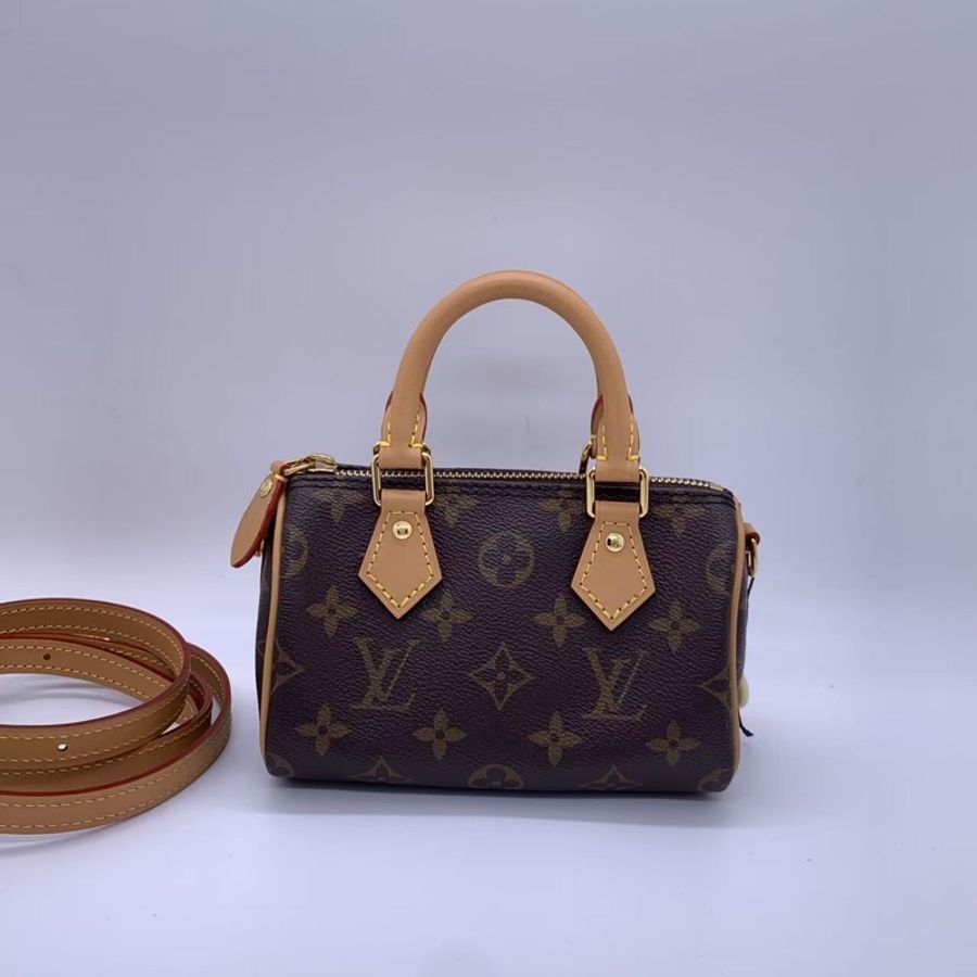 LV路易威登老花speedy nano 经典老花 金色五金手提斜挎包 尺寸:约16cm×10cm左右 小巧精致可爱 拆卸肩带 手拎斜挎都好看-0