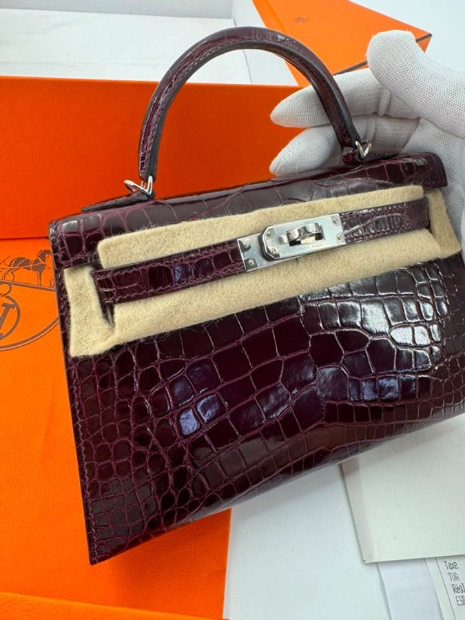 Hermès Mini Kelly II (20cm) Shiny Alligator Crocodile Leather Bordeaux Bag with Palladium Hardware-1
