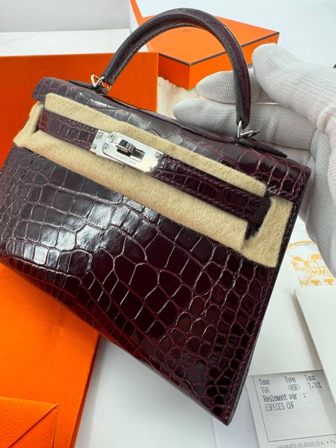Hermès Mini Kelly II (20cm) Shiny Alligator Crocodile Leather Bordeaux Bag with Palladium Hardware-2