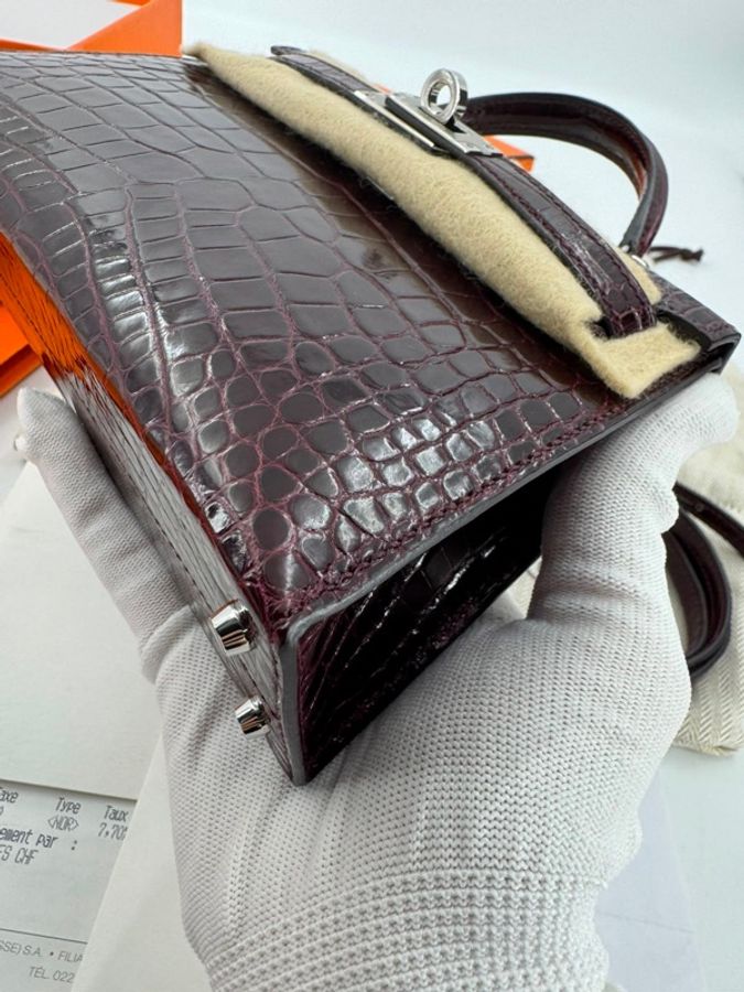 Hermès Mini Kelly II (20cm) Shiny Alligator Crocodile Leather Bordeaux Bag with Palladium Hardware-4