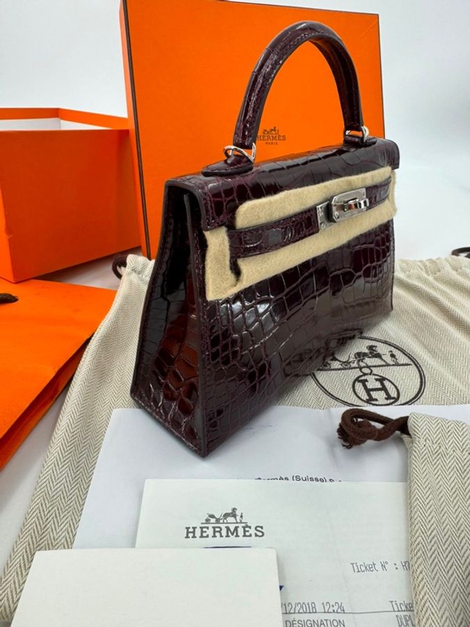 Hermès Mini Kelly II (20cm) Shiny Alligator Crocodile Leather Bordeaux Bag with Palladium Hardware-7