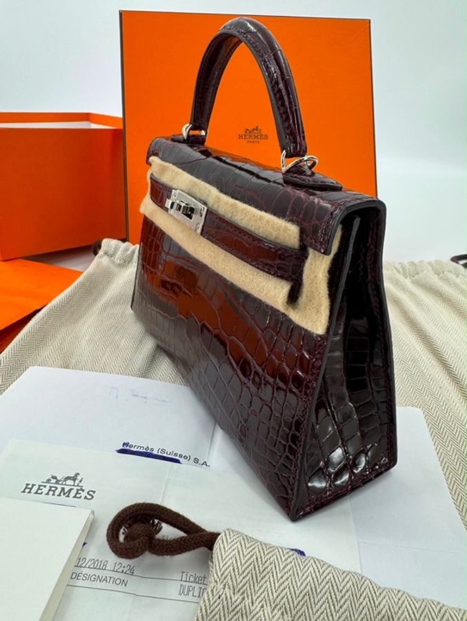 Hermès Mini Kelly II (20cm) Shiny Alligator Crocodile Leather Bordeaux Bag with Palladium Hardware-8