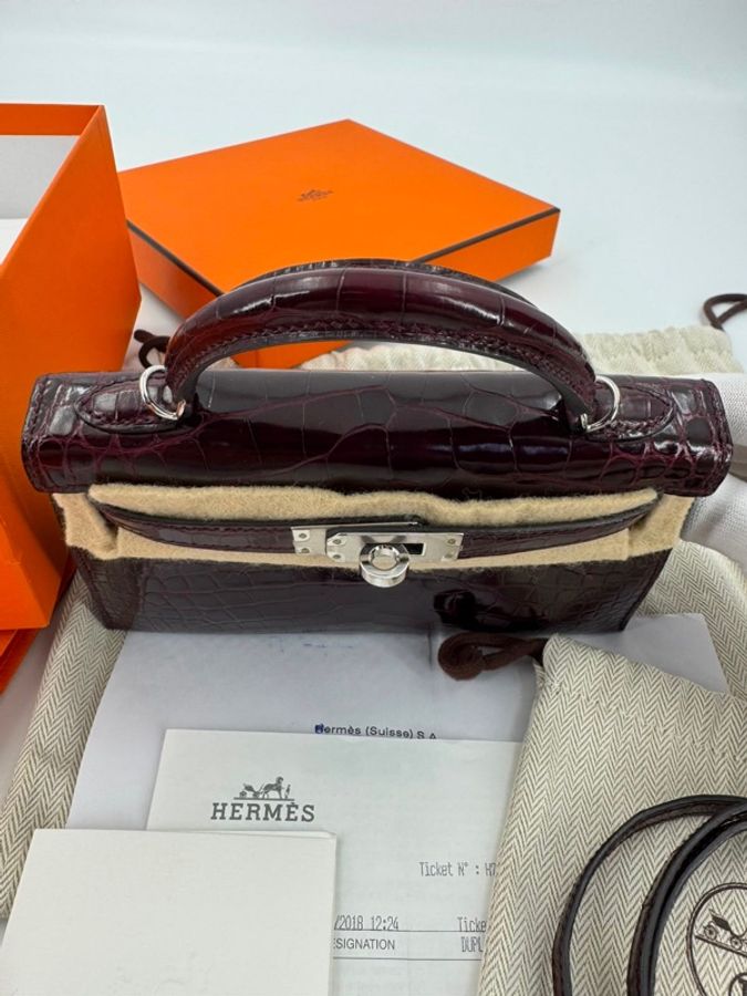 Hermès Mini Kelly II (20cm) Shiny Alligator Crocodile Leather Bordeaux Bag with Palladium Hardware-10
