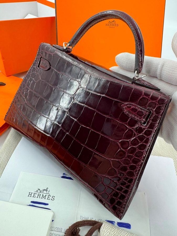 Hermès Mini Kelly II (20cm) Shiny Alligator Crocodile Leather Bordeaux Bag with Palladium Hardware-11