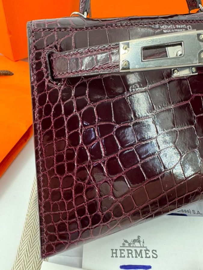 Hermès Mini Kelly II (20cm) Shiny Alligator Crocodile Leather Bordeaux Bag with Palladium Hardware-13