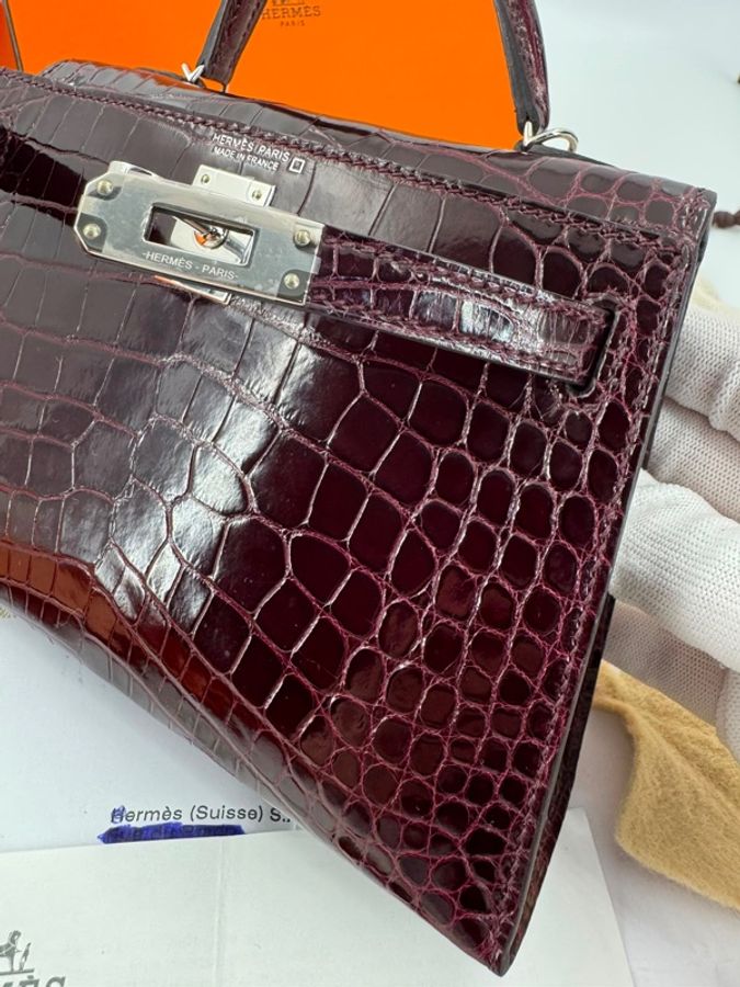 Hermès Mini Kelly II (20cm) Shiny Alligator Crocodile Leather Bordeaux Bag with Palladium Hardware-14