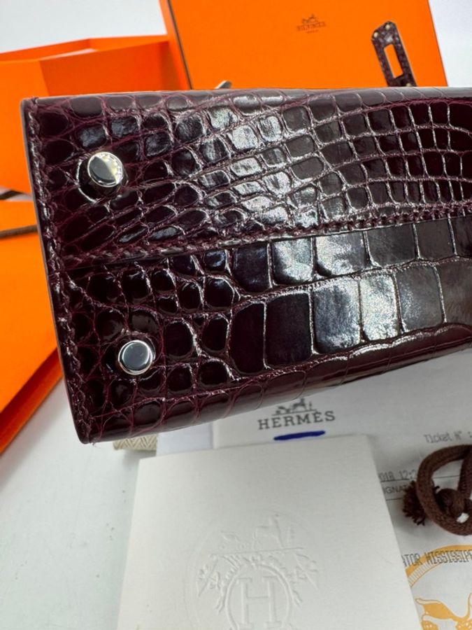 Hermès Mini Kelly II (20cm) Shiny Alligator Crocodile Leather Bordeaux Bag with Palladium Hardware-15