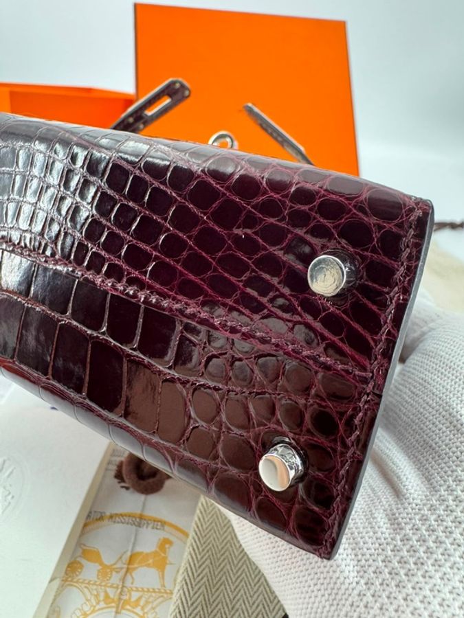Hermès Mini Kelly II (20cm) Shiny Alligator Crocodile Leather Bordeaux Bag with Palladium Hardware-16