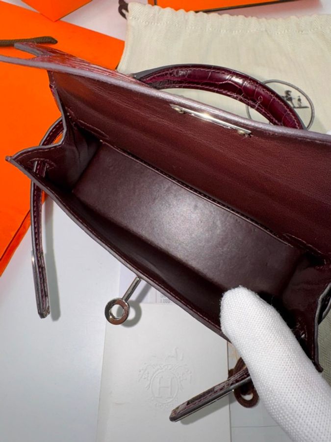 Hermès Mini Kelly II (20cm) Shiny Alligator Crocodile Leather Bordeaux Bag with Palladium Hardware-18