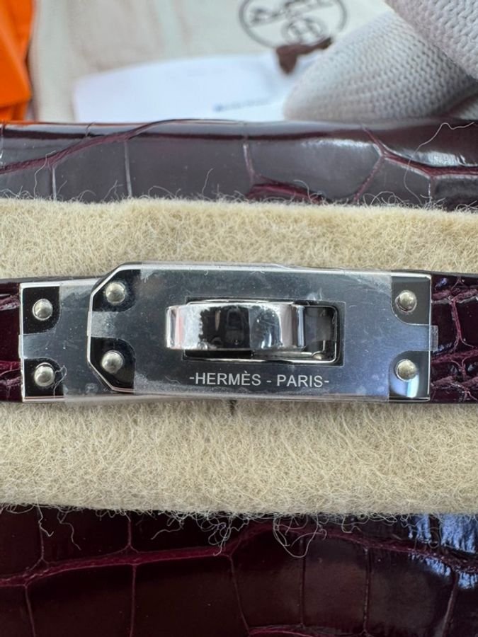 Hermès Mini Kelly II (20cm) Shiny Alligator Crocodile Leather Bordeaux Bag with Palladium Hardware-19