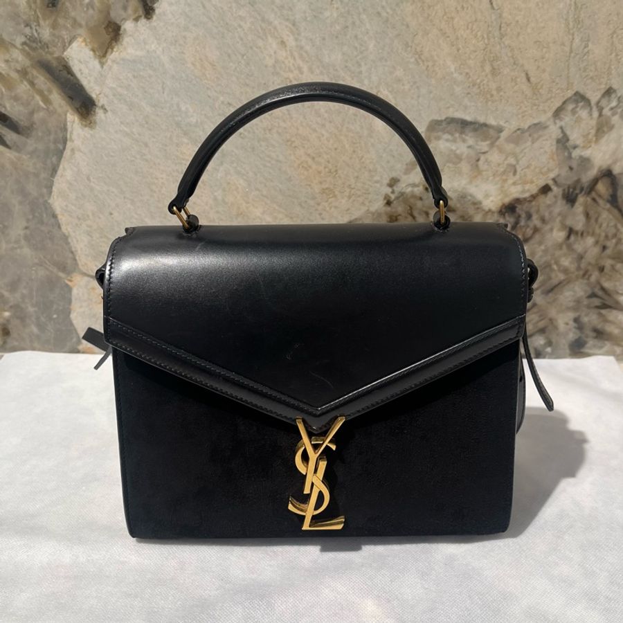 YSL黑牛皮品麂皮Cassandra掀蓋兩用包-0
